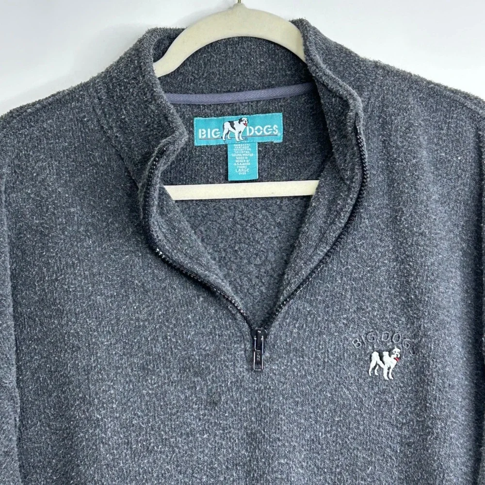 VTG Big Dogs Mens L Over‎ Charcoal Heather 1/4 Zip Pullover Sweatshirt Dog Logo